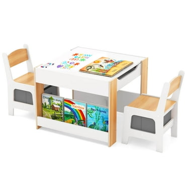 Costway 4-in-1 Kids Table & Chair Set Toddler Wooden Activity Table with Side Bookshelves Beige