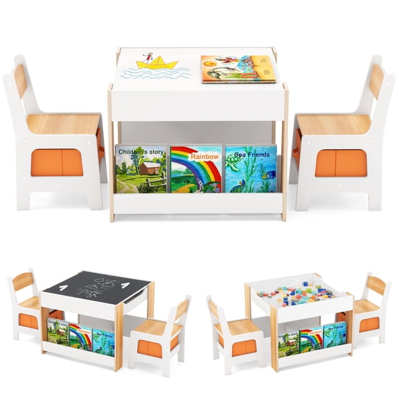 Costway 4-in-1 Kids Table & Chair Set Toddler Wooden Activity Table with Side Bookshelves Beige