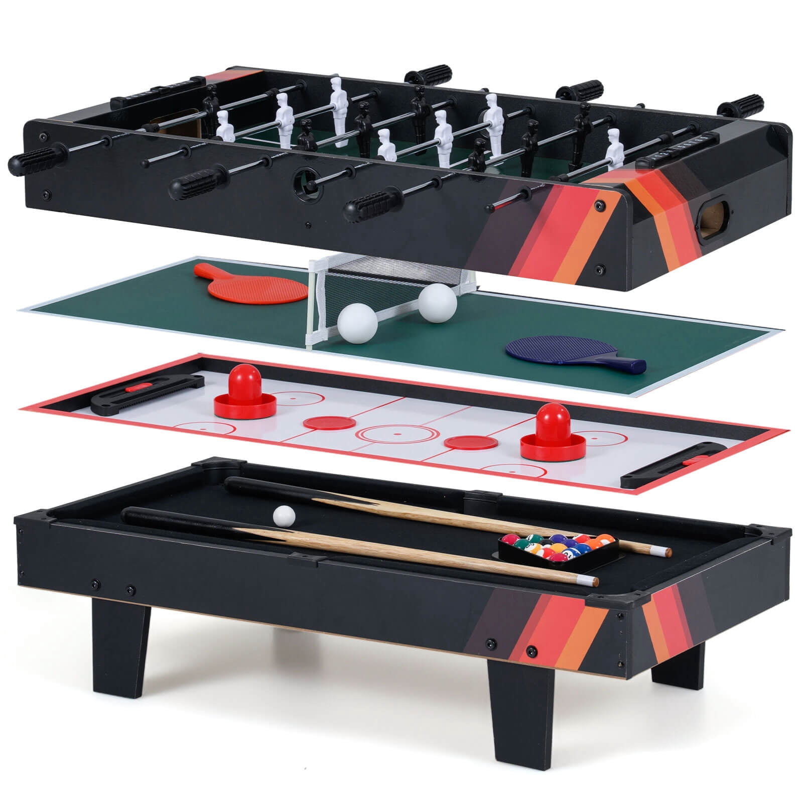 Costway 4 in 1 Multi Game Table with Stackable Tabletops of Billiards, Air Hockey, Foosball Black
