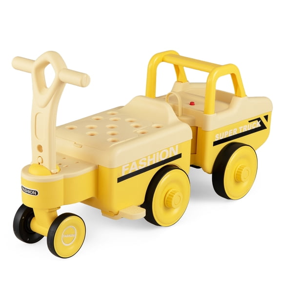 Costway 4 in 1 Ride on Push Car,Sliding Walking Car with Trailer, Music, Under-Seat Storage Yellow