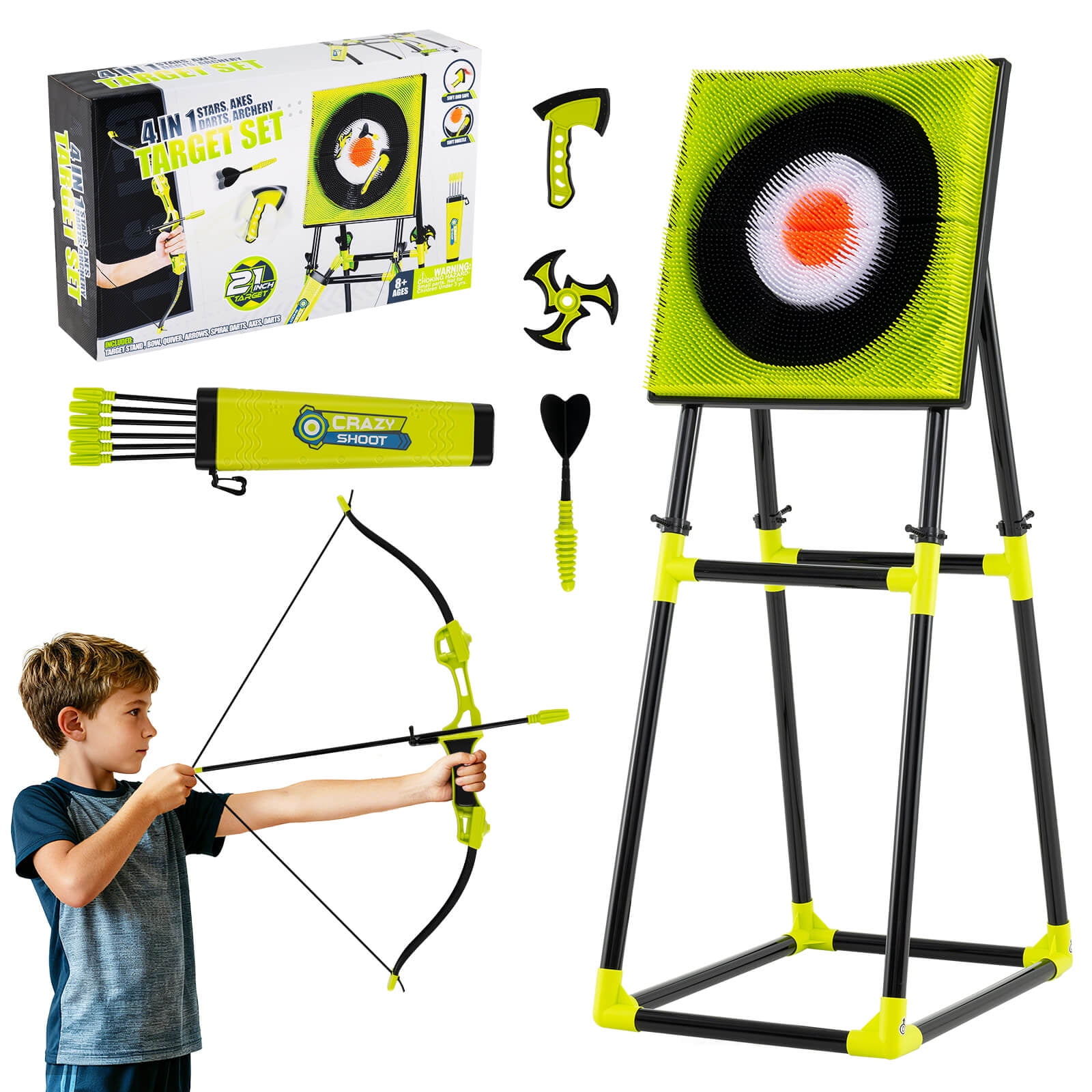 Costway 4 in 1 Throwing Target Set with Bristle Target 4 Throwing axes 4 Ninja Darts a Bow