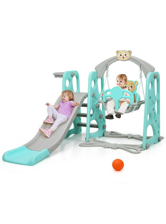 Costway 4-in-1 Toddler Climber and Swing Set w/ Basketball Hoop & Ball Green