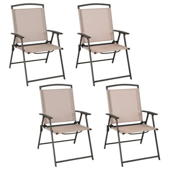 Costway 4 pcs Patio Folding Sling Dining Chairs Armrests Steel Frame Outdoor Beige