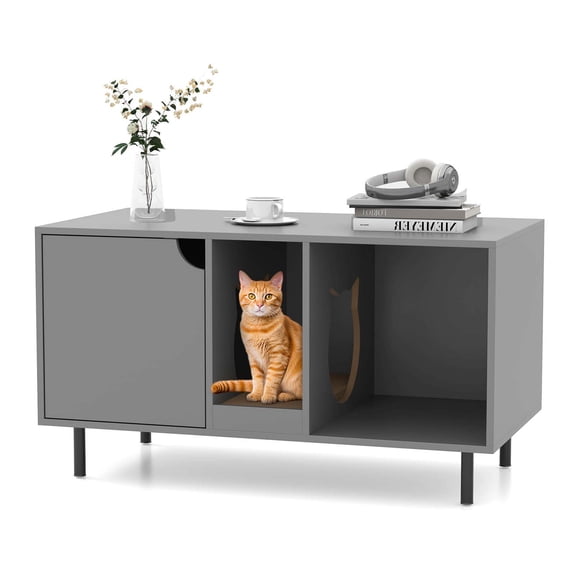 Costway 40" Hidden Cat Washroom with Storage Removable Scratcher Metal Legs for Large Cats Gray