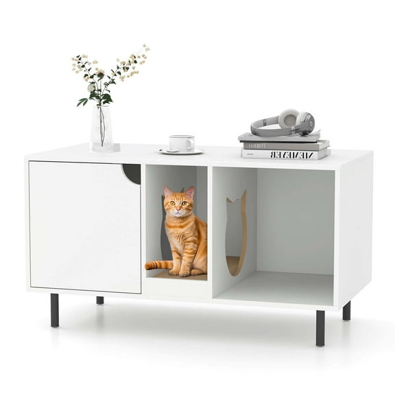 Costway 40" Hidden Cat Washroom with Storage Removable Scratcher Metal Legs for Large Cats White