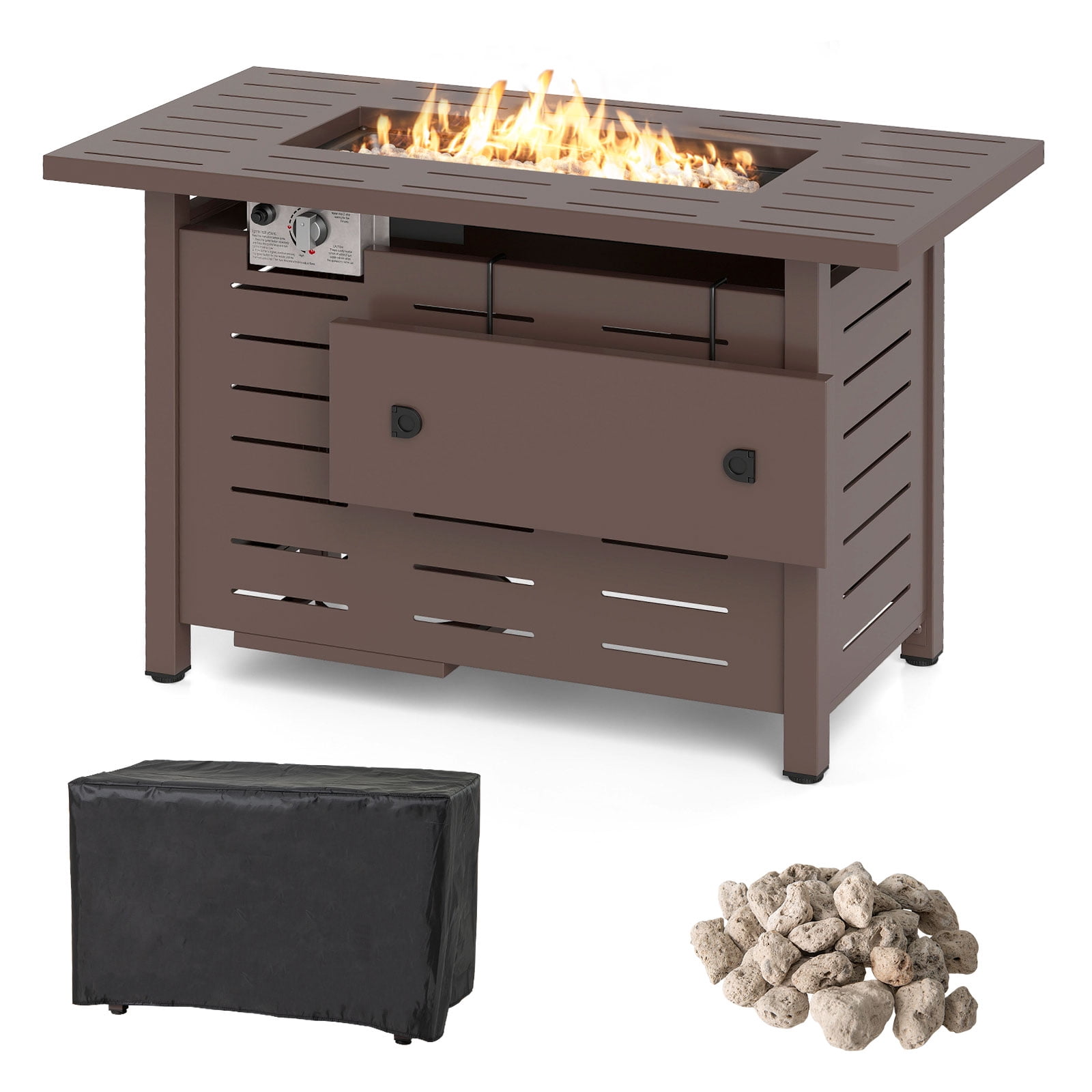 Costway 40-Inch Outdoor Propane Fire Pit with Lava Rocks Removable Lid & Protective Cover Brown