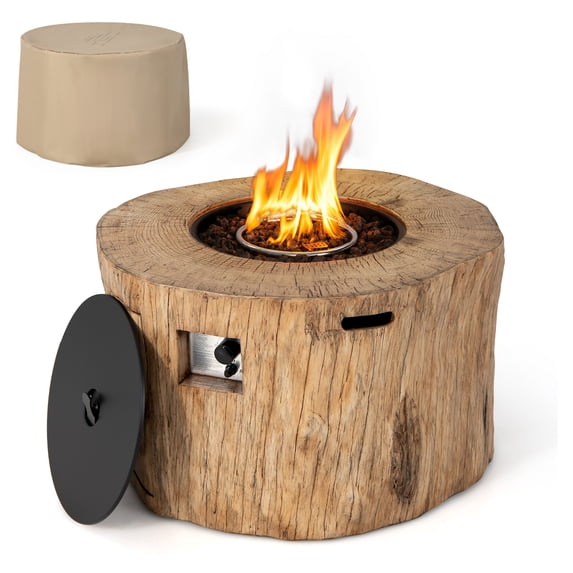 Costway 40'' Round Propane Gas Fire Pit Table Wood-Like Surface w/ Laval Rock PVC Cover