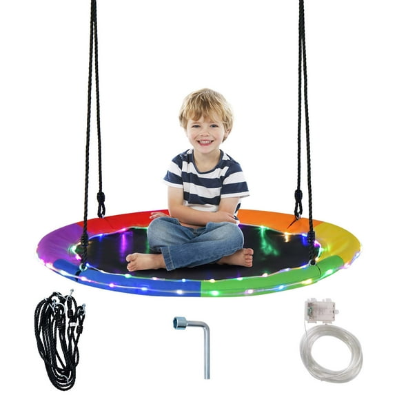 Costway 40'' Saucer Tree Swing 660 LBS for Kids Adults Outdoor with LED Lights Rainbow Color