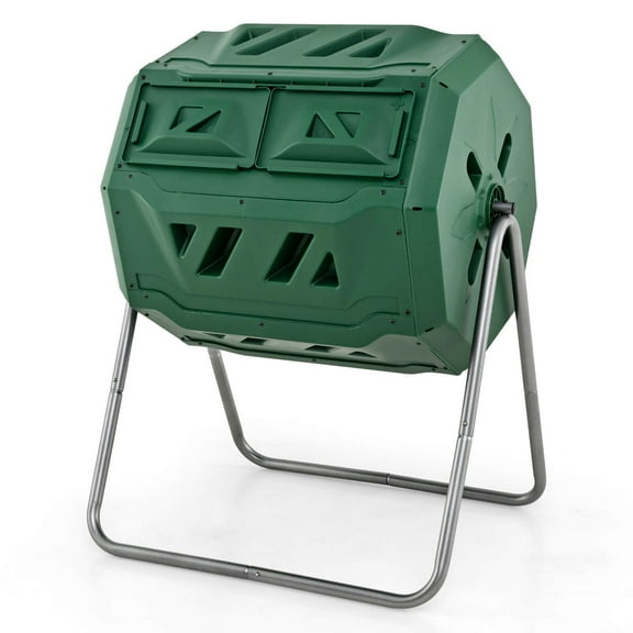 Costway 42-Gal Compost Bin Dual Chamber Composting Tumbler with 2 Sliding Doors Metal Frame Green
