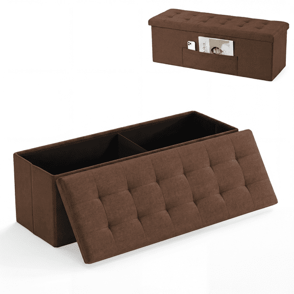 Costway 43” Folding Storage Ottoman Bench, Linen End of Bed Bench with Padded Seat, Pocket Brown