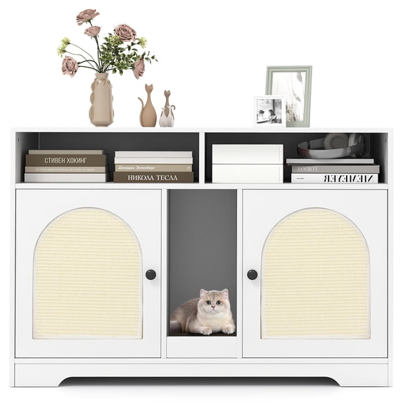 Costway 43" Hidden Cat Washroom Furniture with Storage Double Rooms Scratching Board