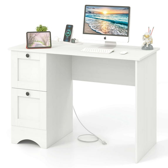 Costway 43" Home Office Desk Compact Study Writing Desk with 2 Drawers Charging Station