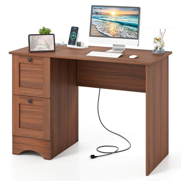 Costway 43" Home Office Desk with Charging Station Compact Study Writing Desk Walnut