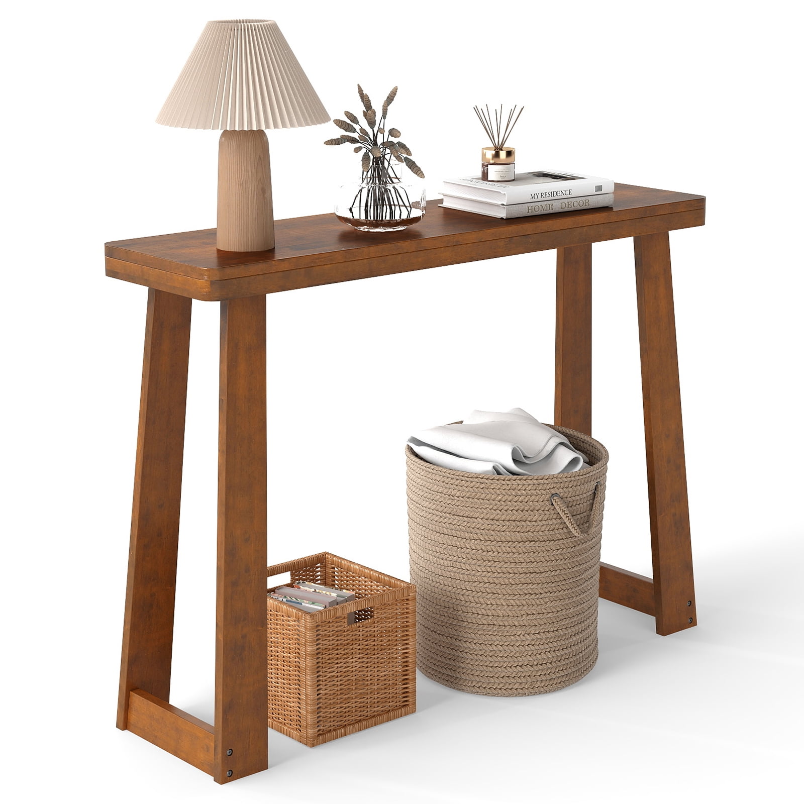 Costway 43-Inch Console Table, Narrow Long Rubberwood Table Behind the ...