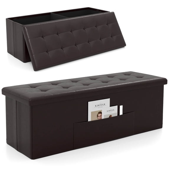 Costway 43 Inches Folding Storage Ottoman Bench with Side Pocket Storage Chest Brown