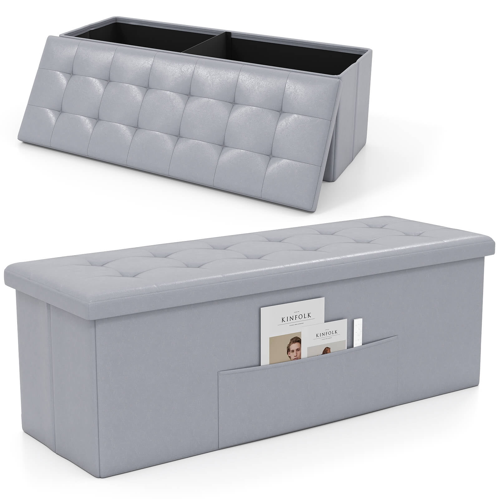 Costway 43 Inches Folding Storage Ottoman Bench with Side Pocket Storage Chest Dark Gray