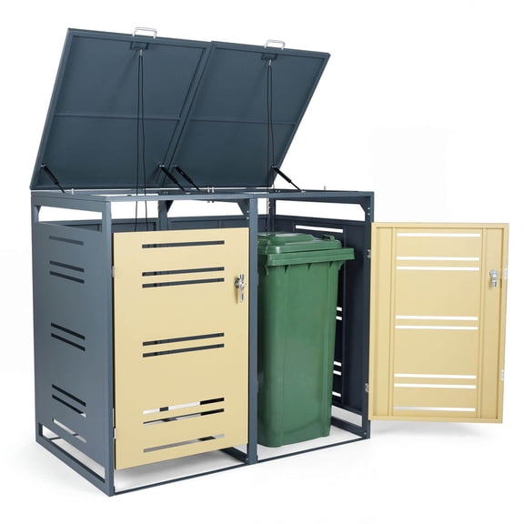 Costway 44 CU.FT Outdoor Metal Garbage Bin Storage Shed with Gas Strut & Shock Absorber Gray & Yellow