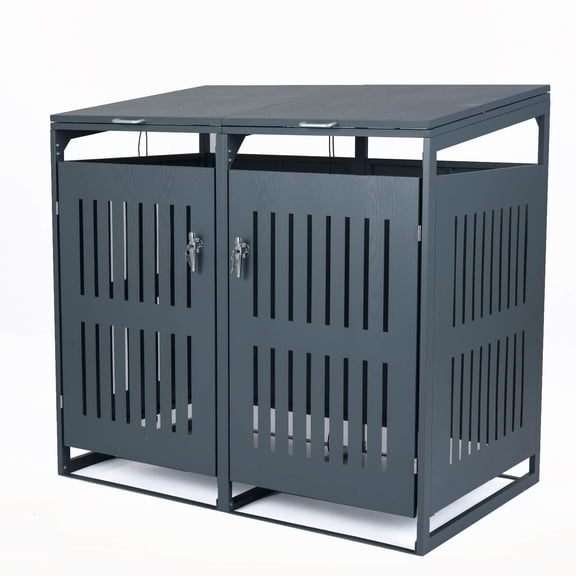 Costway 44 CU.FT Outdoor Trash Can Storage Shed with Gas Struts, Shock Absorbers for 2 Bins Gray