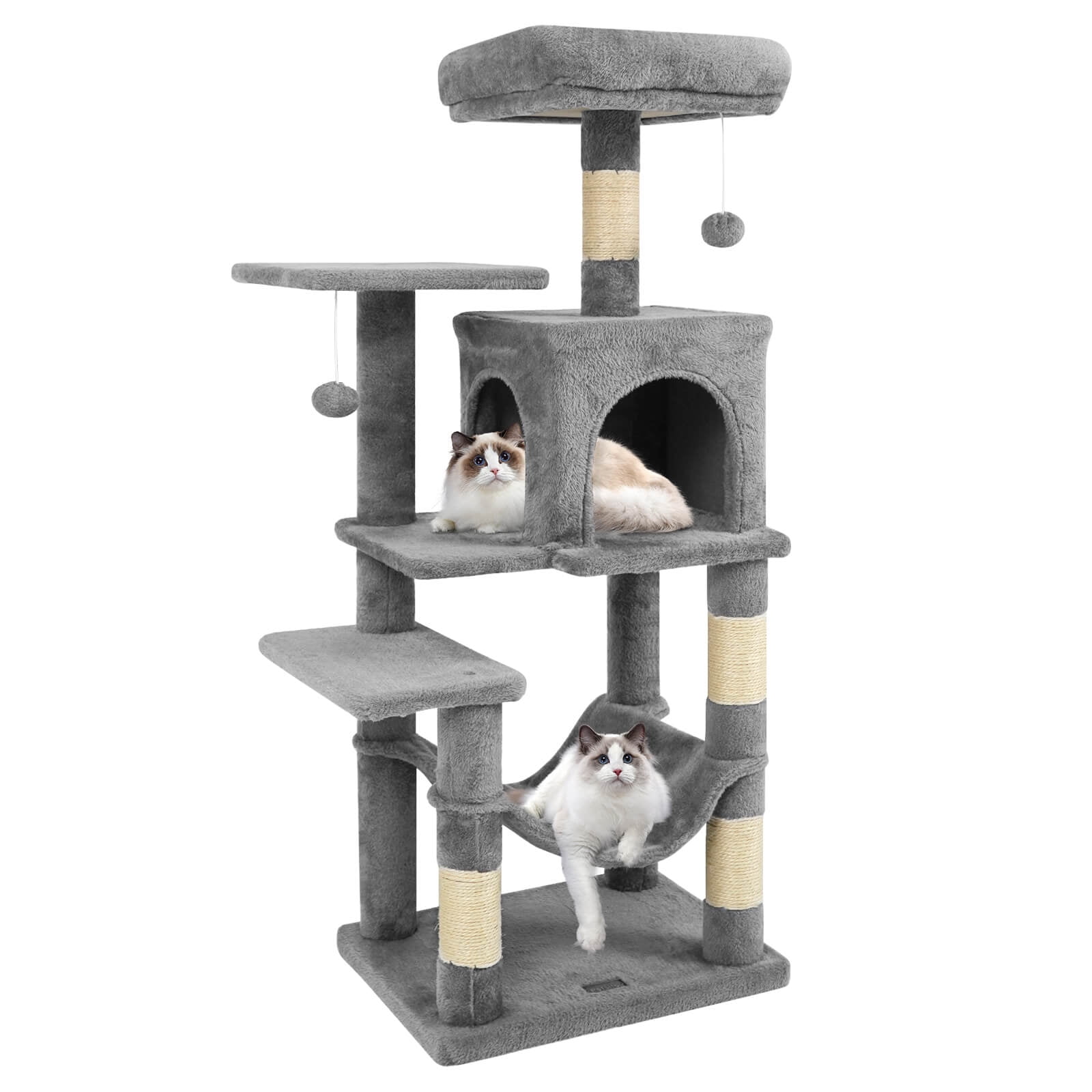 Costway 44” Tall Multi-level Cat Tree with Cushion Top Perch, 2-Entrance Large Cat Condo Light Gray