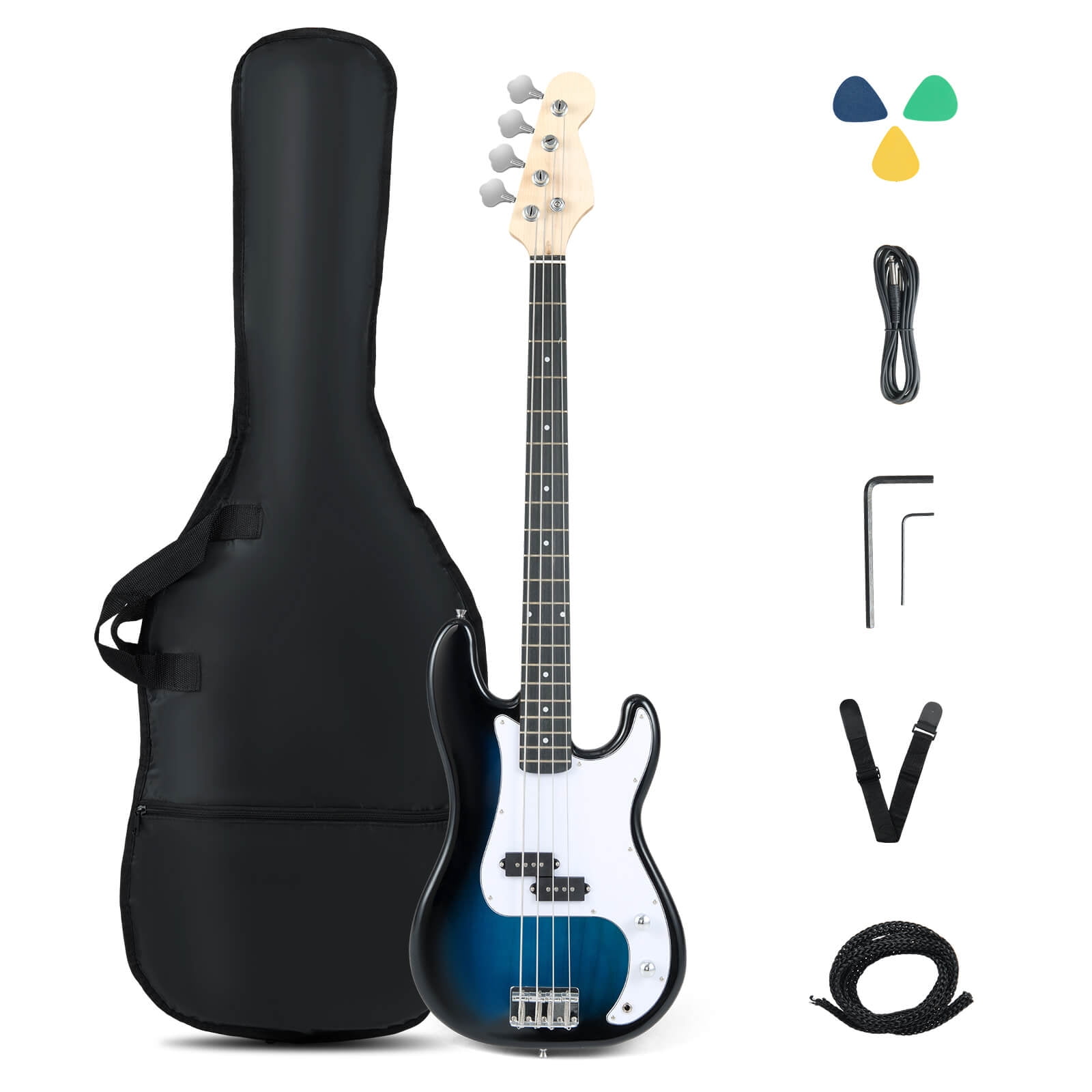 Costway 45.5” Electric Bass Guitar with Double Pickups, Open-gear Tuning, Gig Bag, Rope Blue + White
