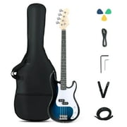 Costway 45.5 Electric Bass Guitar with Double Pickups, Open-gear Tuning, Gig Bag, Rope Blue + White