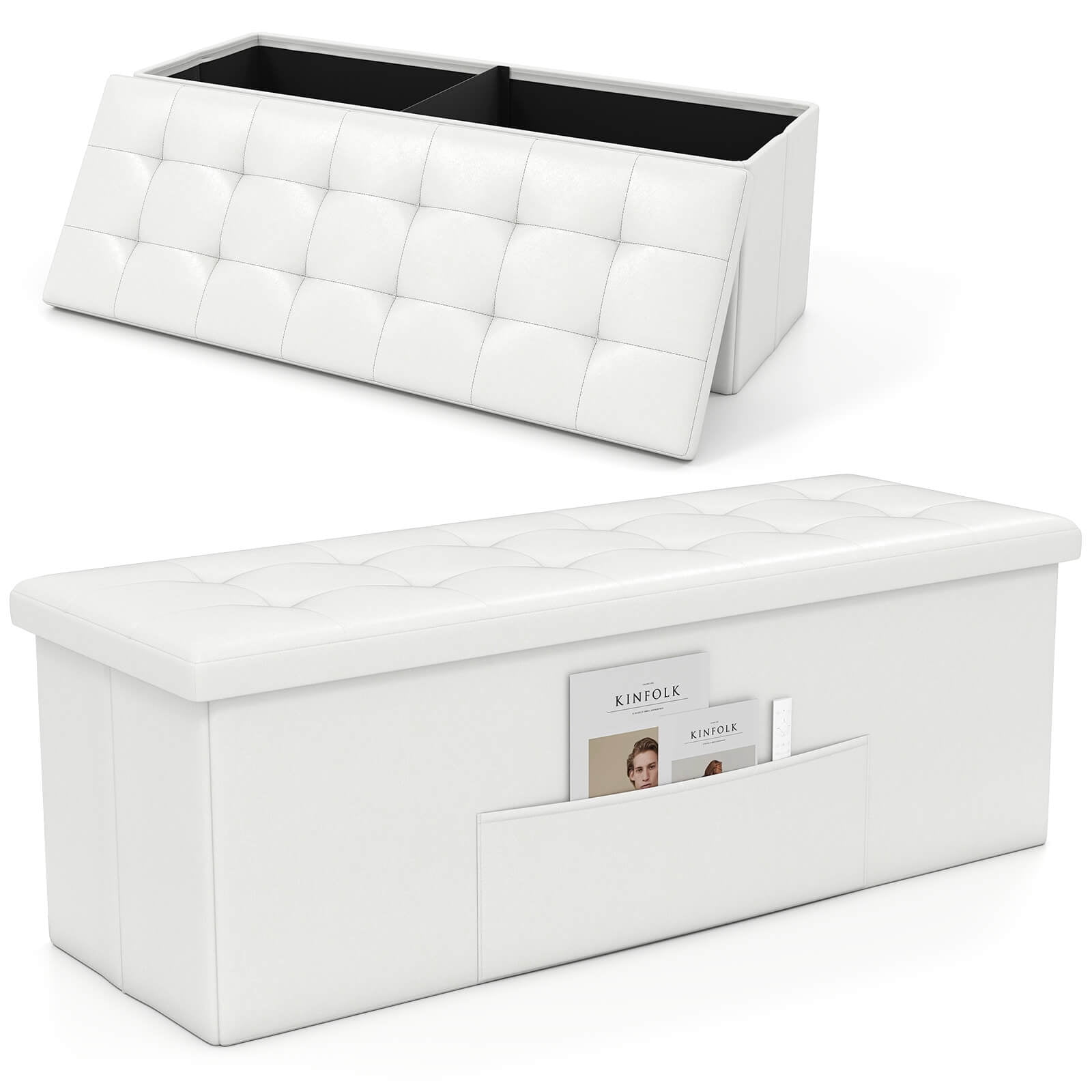 Costway 43 Inches Folding Storage Ottoman Bench Foot Rest Stool with Side Pocket White