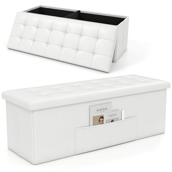 Costway 43 Inches Folding Storage Ottoman Bench Foot Rest Stool with Side Pocket White