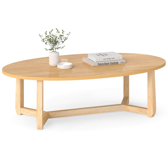 Costway 46” Oval Coffee Table with Thickened Top & Solid Rubber Wood Frame for Living Room Natural