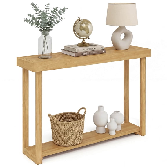 Costway 46”Solid Wood Console Table,2-Tier Narrow Farmhouse Sofa Table with Teak Wood Frame Natural-46"