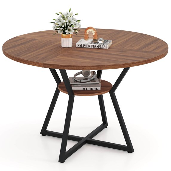 Costway 47” Round Dining Table for 4 with Storage Shelf, Wooden Tabletop, Metal Base