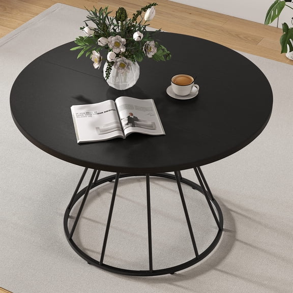 Costway 47” Round Dining Table with Wooden Tabletop, Metal Base for Home Dining Room Black