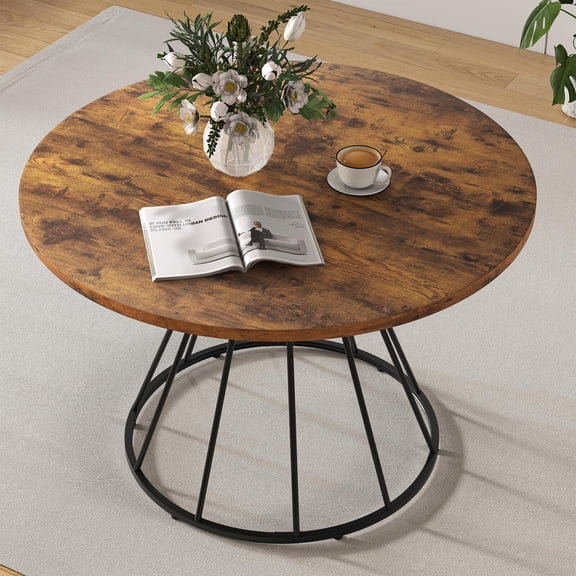Costway 47” Round Dining Table with Wooden Tabletop, Metal Base for Home Dining Room Brown + Black