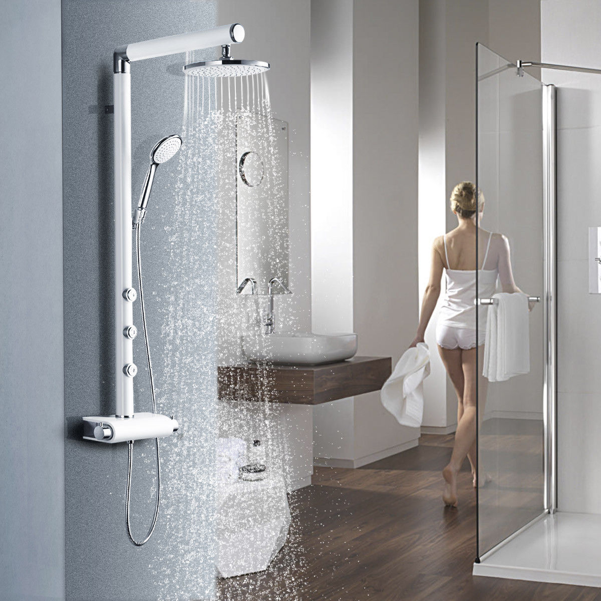 Column Shower Kit Costway 48'' Aluminium Alloy Shower Column Panel Rainfall Body Jets w ...