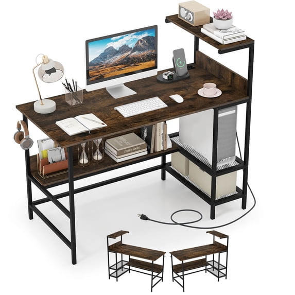 Costway 48” Computer Desk with Power Outlets, Storage Shelves, Headphone Hook for Gaming Rustic Brown