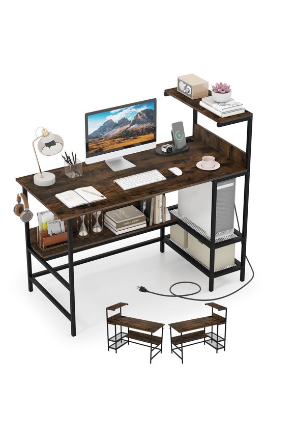 48” Computer Desk with Power Outlets, Storage Shelves, Headphone Hook for Gaming Rustic Brown