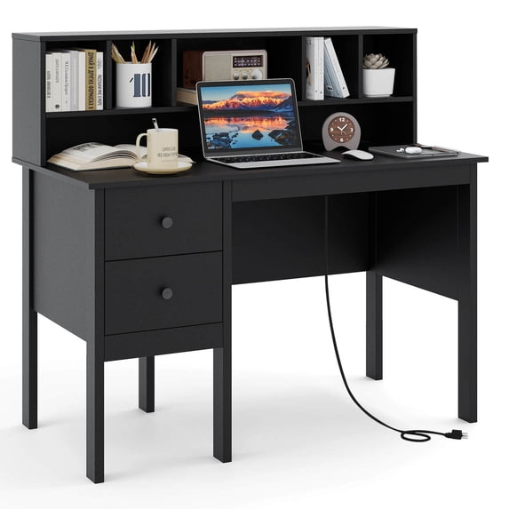 Costway 48" Computer Desk with Power Outlets Type-C 5-Cubby Hutch & 2 Storage Drawers Black