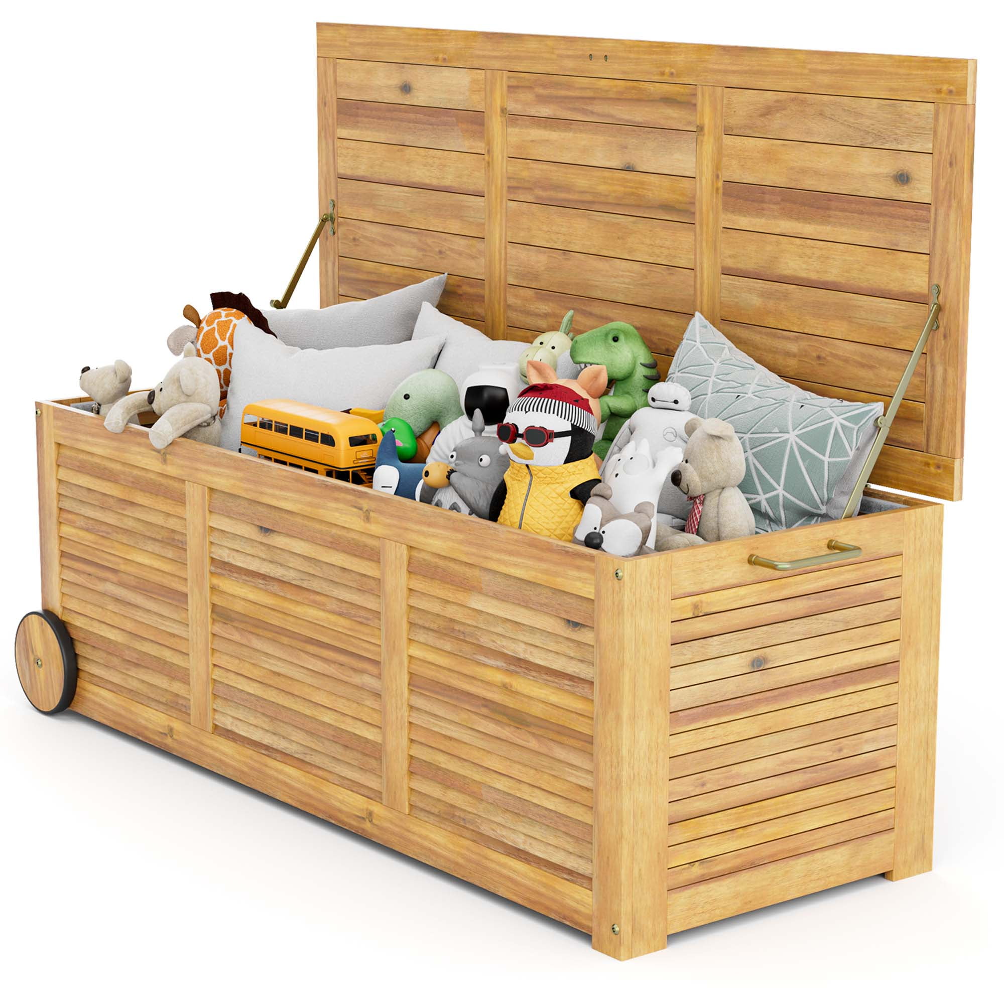 Natural Acacia Wood Outdoor Deck Box with Wheels, 48 Gallon