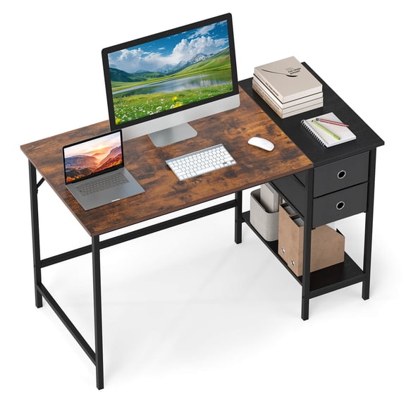 Costway 48” Computer Desk Industrial Home Office Desk with Open Storage Shelf & 2 Fabric Drawers