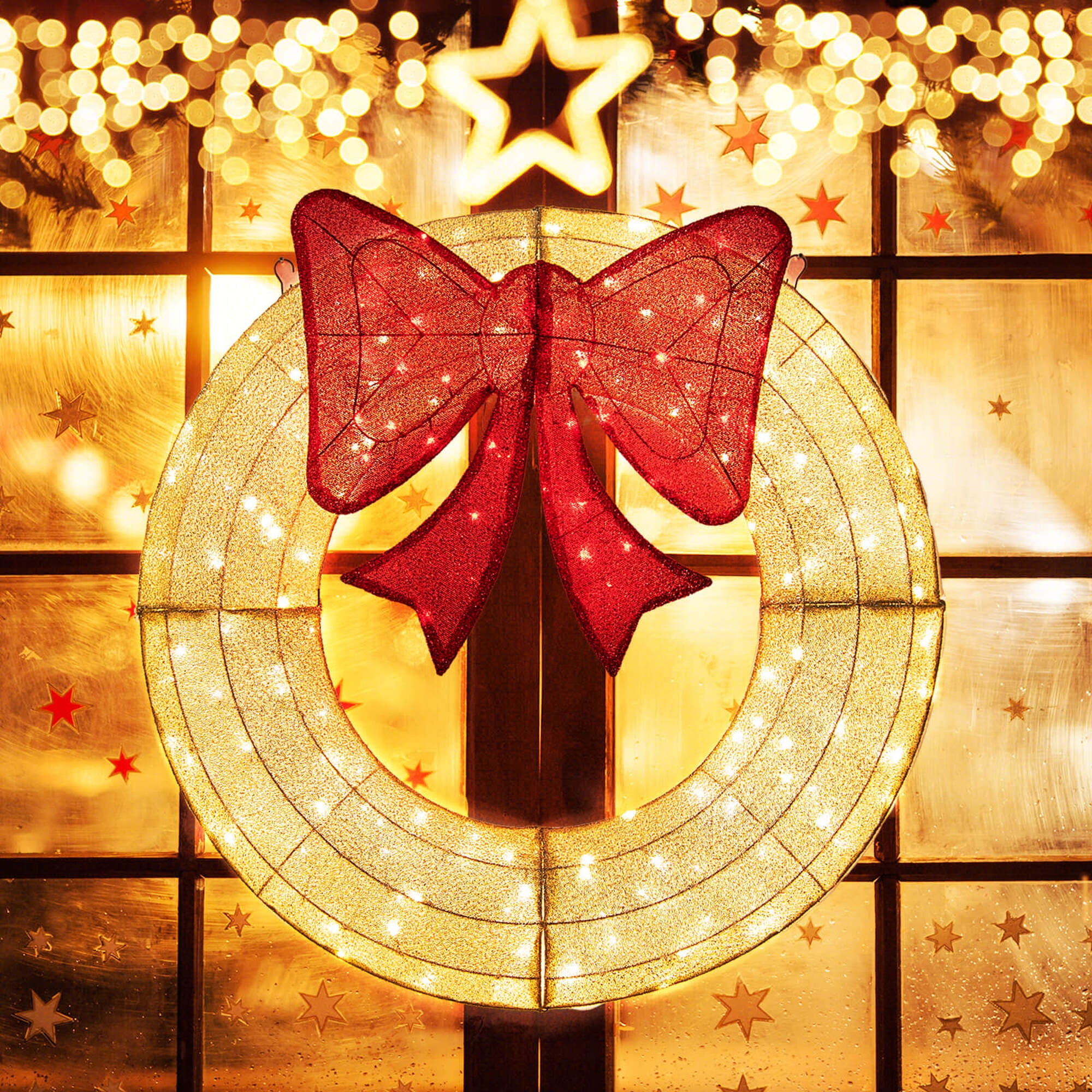 48-Inch Warm White and Red LED Lighted Christmas Mesh Wreath