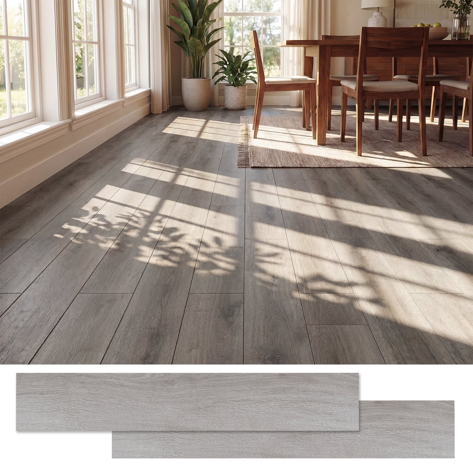 Costway 48-Pack 72 Sq.Ft Floor Tile Vinyl Flooring, Waterproof Vinyl Plank Flooring Gray