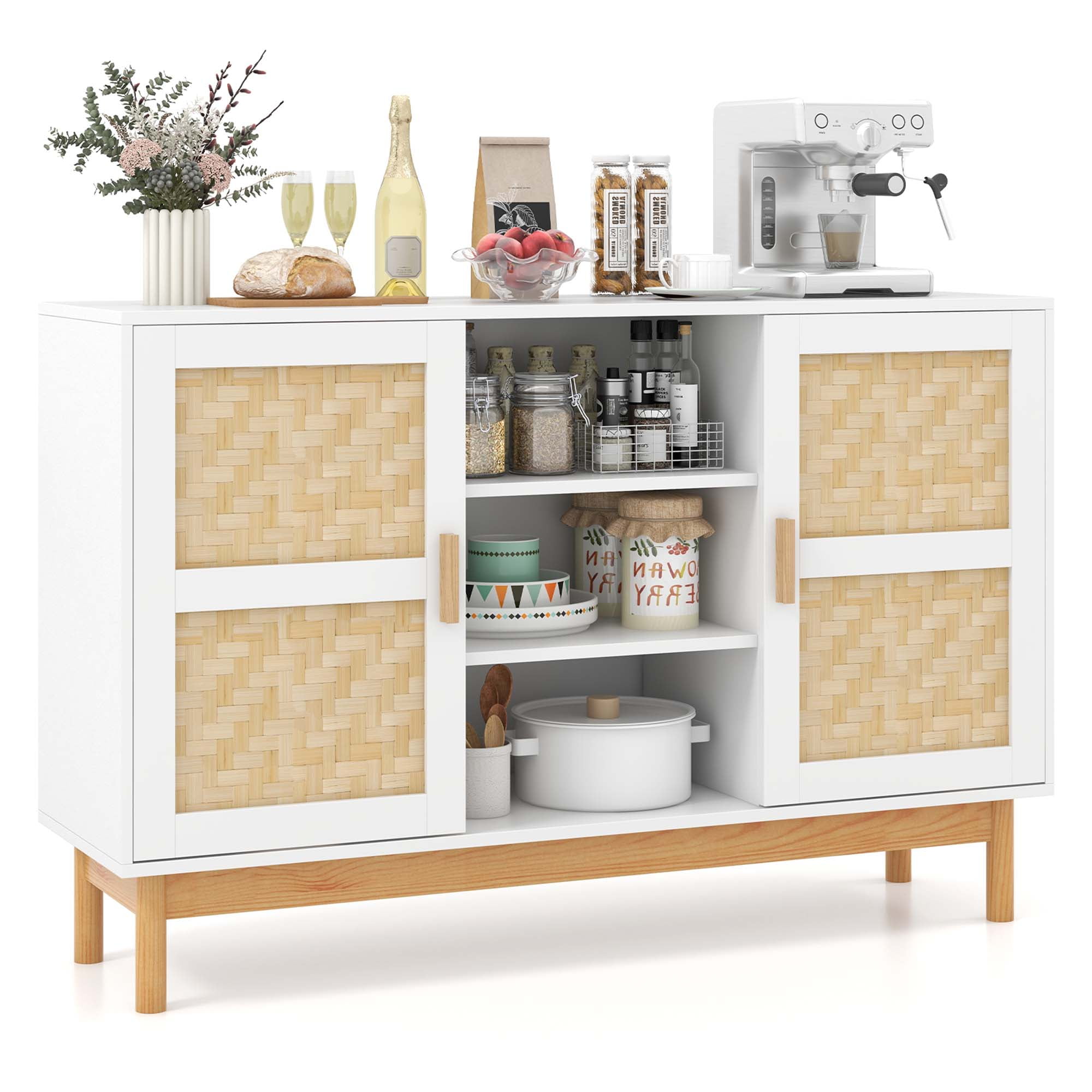 White and Natural Bamboo Woven 48" Sideboard Buffet Cabinet