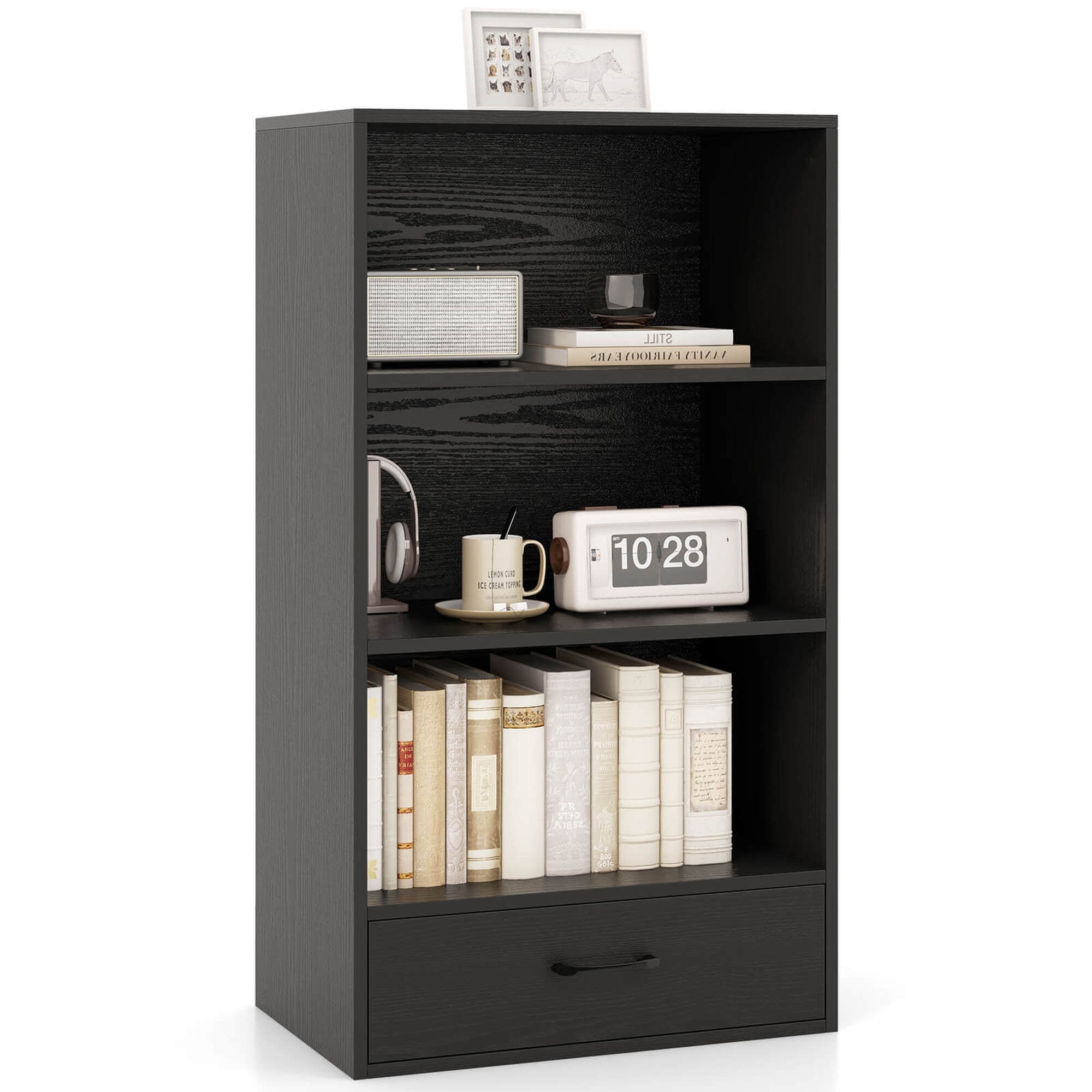 Costway 42'' Tall 4-tier Storage Shelf Wood Bookcase with Drawer Home Organizer Display Rack Black