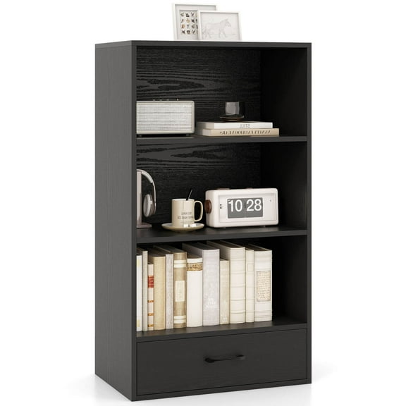 Costway 42'' Tall 4-tier Storage Shelf Wood Bookcase with Drawer Home Organizer Display Rack Black