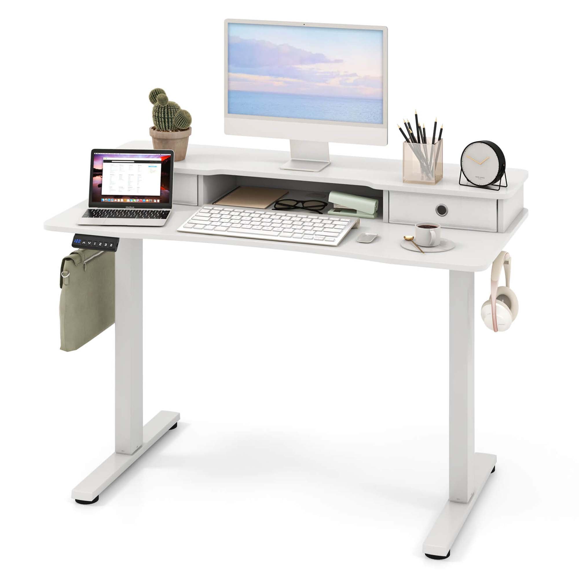 Costway 48"x 24" Electric Standing Desk with 2 Drawers Monitor Stand Storage Shelf White