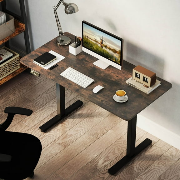 Costway 48” x 24” Electric Standing Desk with LED Display 2 Memory Height Settings for Home Rustic Brown+Black