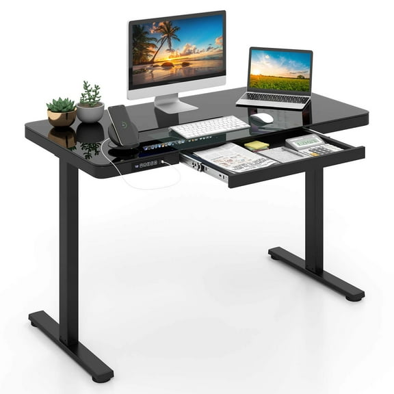 Costway 48" x 24" Whole-Piece Glass Standing Desk w/Drawers Writable Tempered Glass Top Black