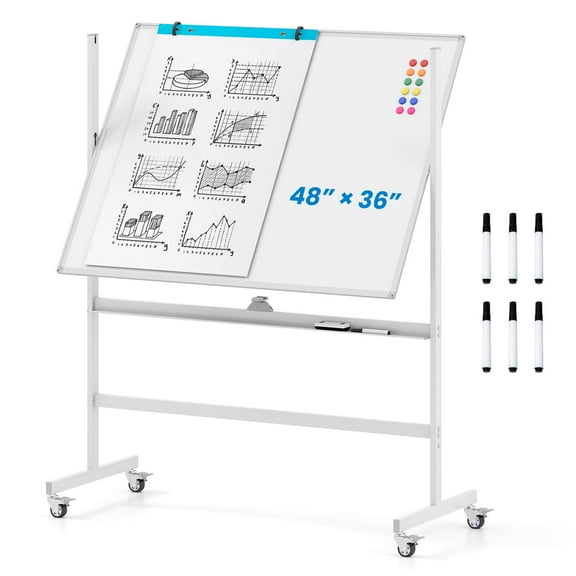 Costway 48"x36" Mobile Magnetic Double-Sided Reversible Whiteboard Height Adjust White