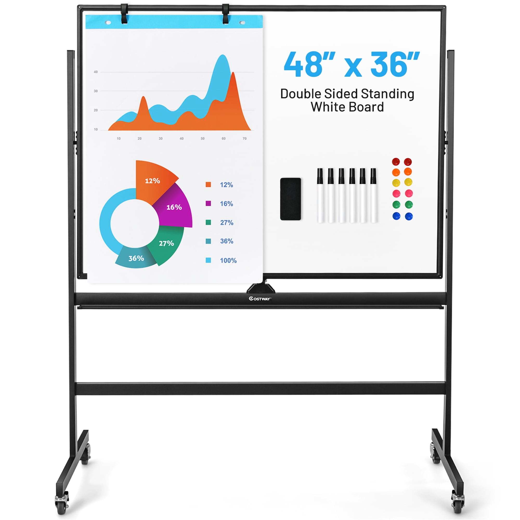 Mobile Whiteboard 48x36 inch Large 360° Rolling Adjustable White Board  Easel with Stand on Wheels Locking Double Sided Magnetic for Home Office  School 15 Page FlipChart Pad Holder Mar 