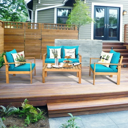 Costway 4PCS Acacia Wood Patio Furniture Set Thick Cushion Loveseat Sofa w/ Coffee Table Turquoise