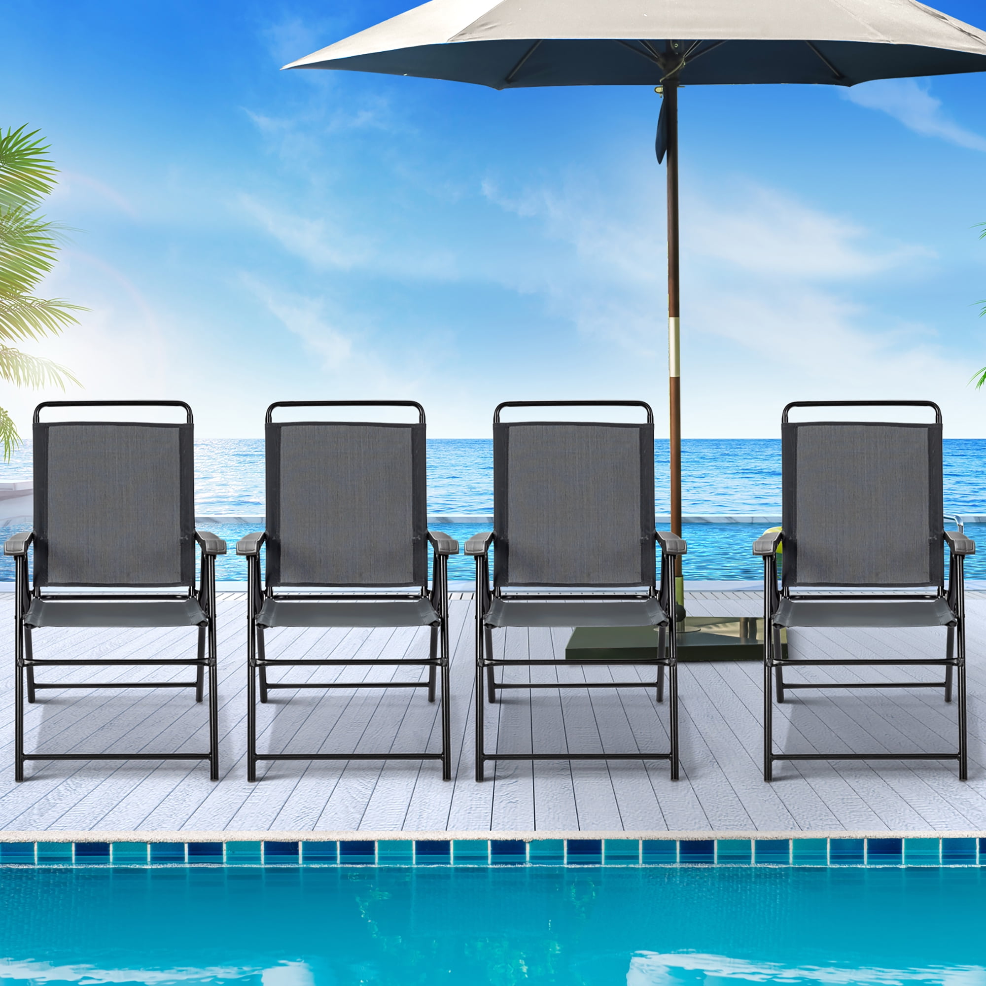 Set of 4 Grey Steel Folding Outdoor Chairs